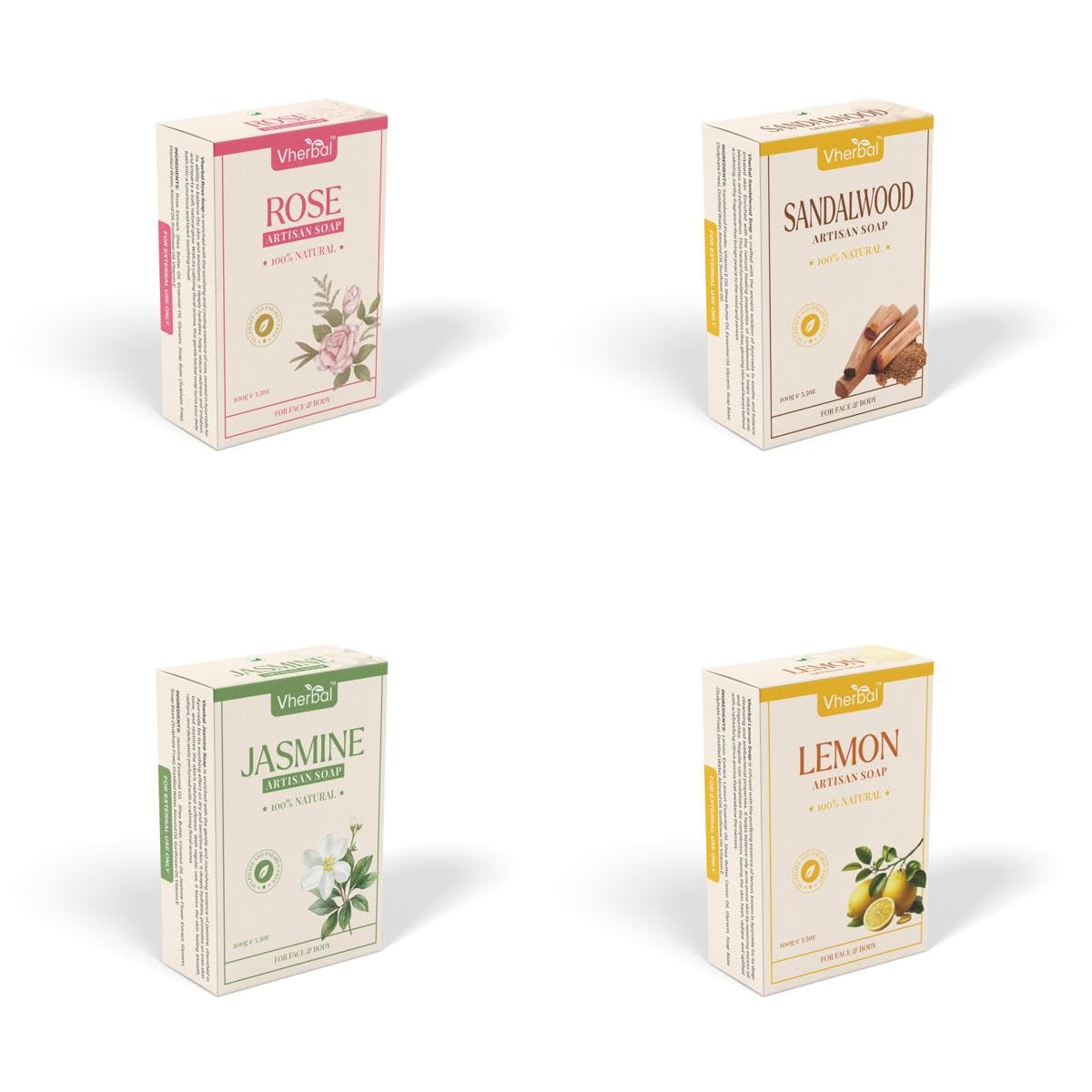 Artisan Soap Combo – 4 Handmade Herbal Soaps (Lemon, Rose, Sandalwood & Jasmine)