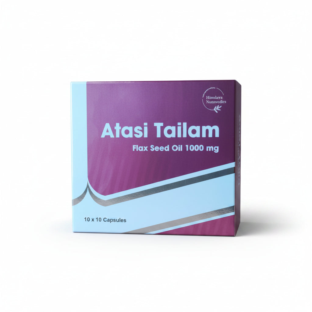 A box of HIMALAYA NUTRAVEDICS Atasi Tailam soft gel capsules with Flax Seed Oil 1000mg. The box is purple and white with product information and branding.