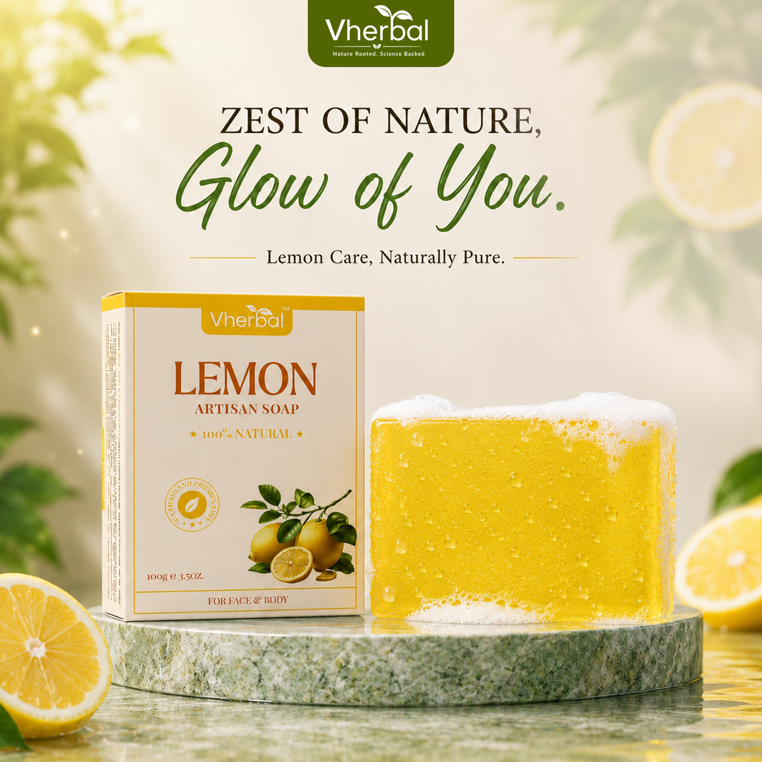 Vherbal Artisan Soap – Lemon | Handmade Herbal Bath Soap with Shea Butter & Vitamin E | 100 g