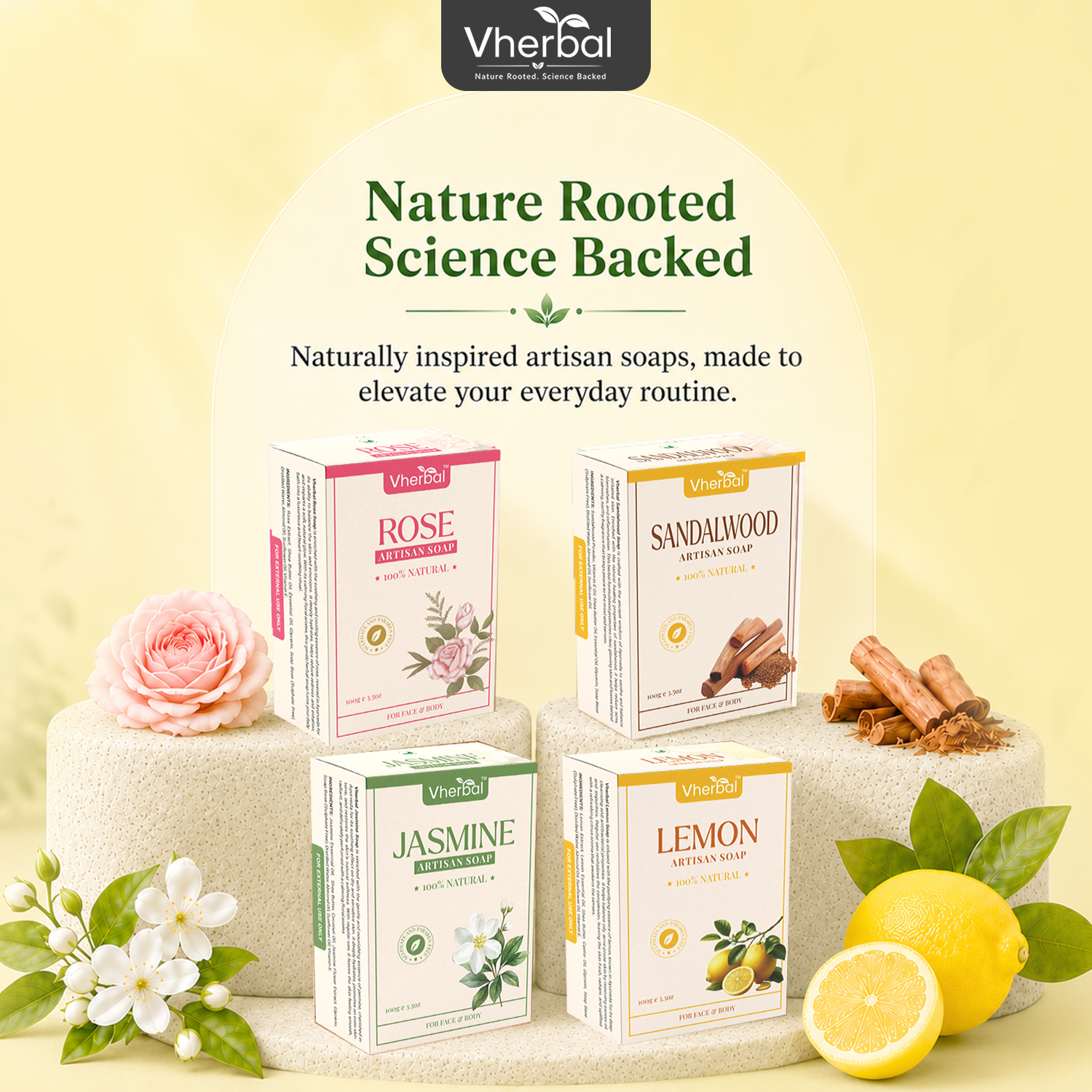 Vherbal Artisan Soap – Lemon | Handmade Herbal Bath Soap with Shea Butter & Vitamin E | 100 g