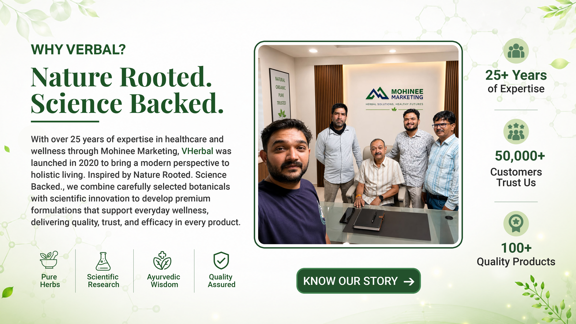 Promotional image for Verbal, a brand with 25 years of expertise in healthcare and wellness, featuring a team photo and key statistics.