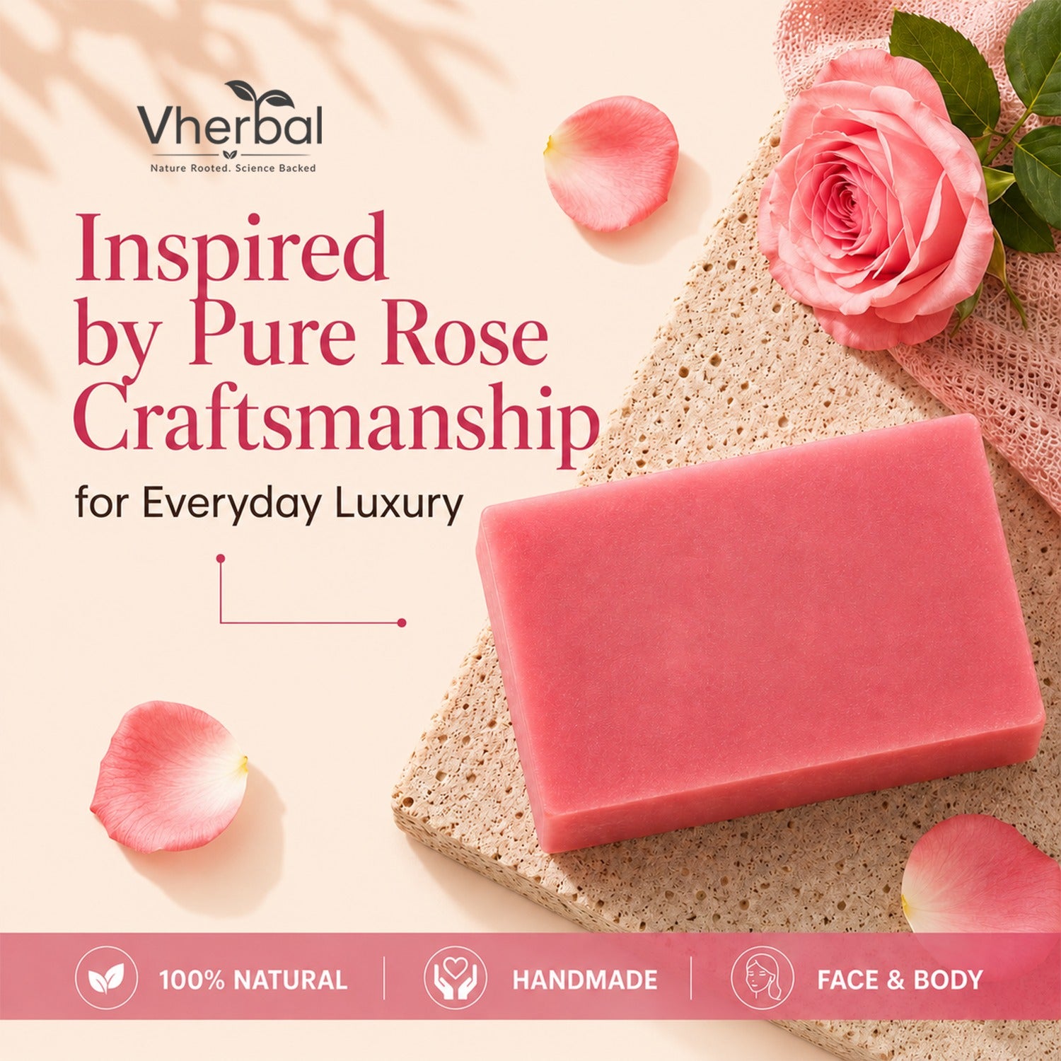 Vherbal Artisan Soap – Rose | Handmade Herbal Bath Soap with Shea Butter & Vitamin E | 100 g