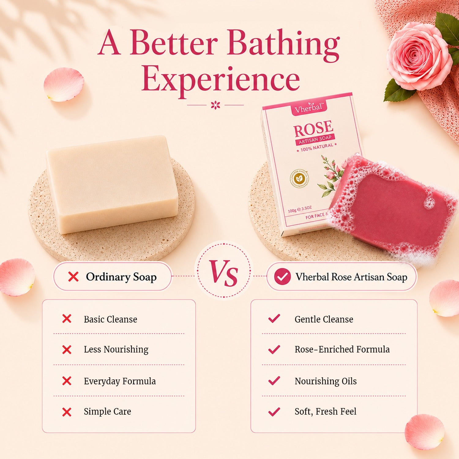 Vherbal Artisan Soap – Rose | Handmade Herbal Bath Soap with Shea Butter & Vitamin E | 100 g