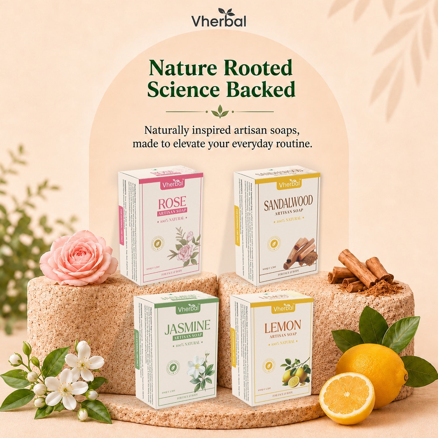 Artisan Soap Combo – 4 Handmade Herbal Soaps (Lemon, Rose, Sandalwood & Jasmine)