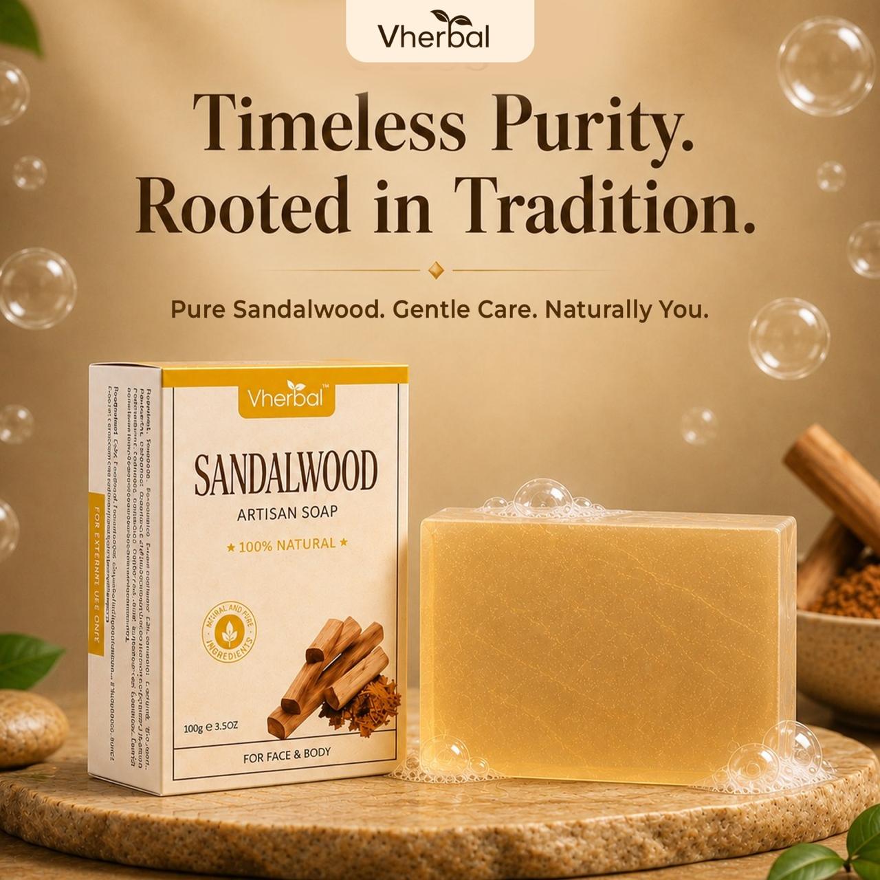 Vherbal Artisan Soap – Sandalwood | Handmade Herbal Bath Soap with Shea Butter & Vitamin E | 100 g
