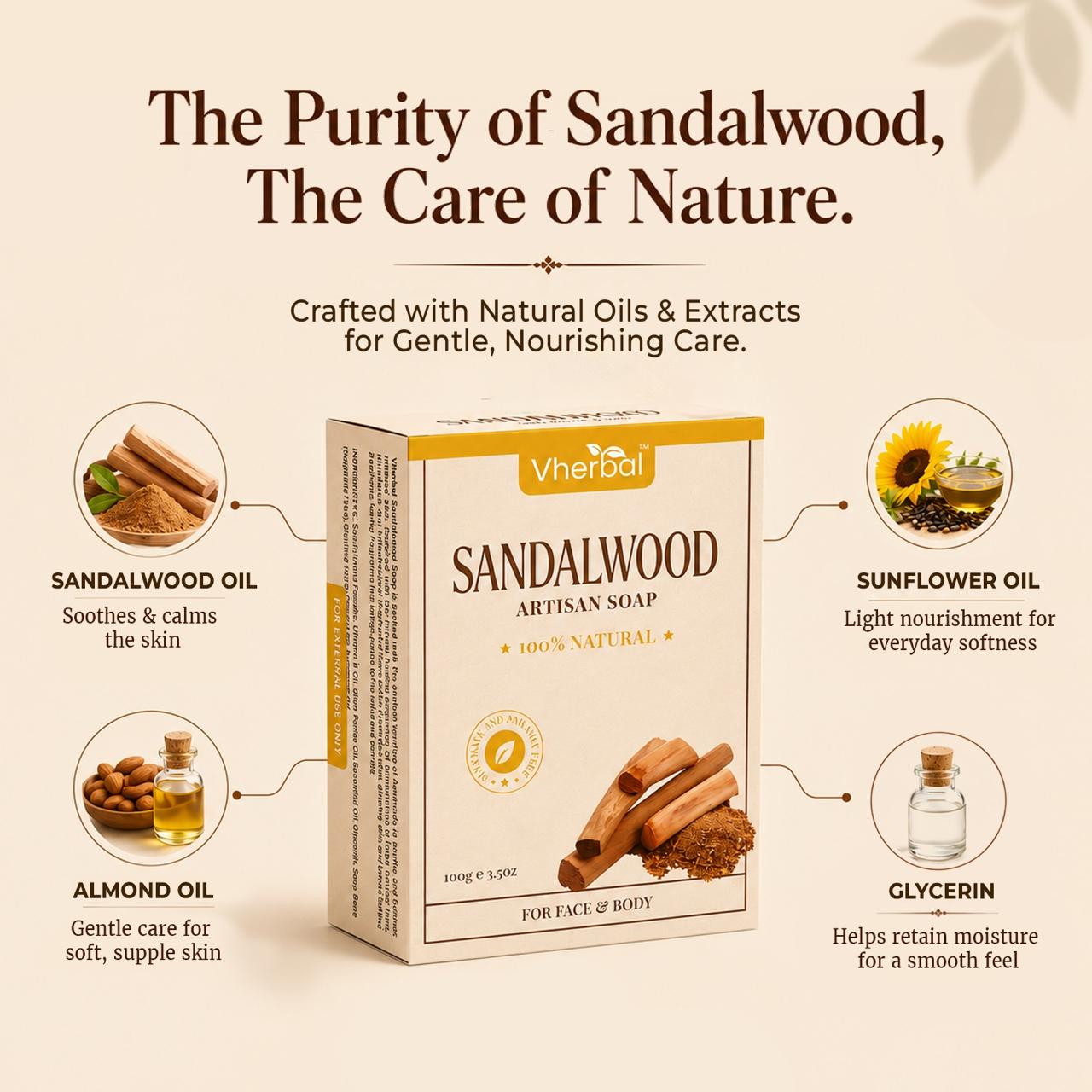 Vherbal Artisan Soap – Sandalwood | Handmade Herbal Bath Soap with Shea Butter & Vitamin E | 100 g