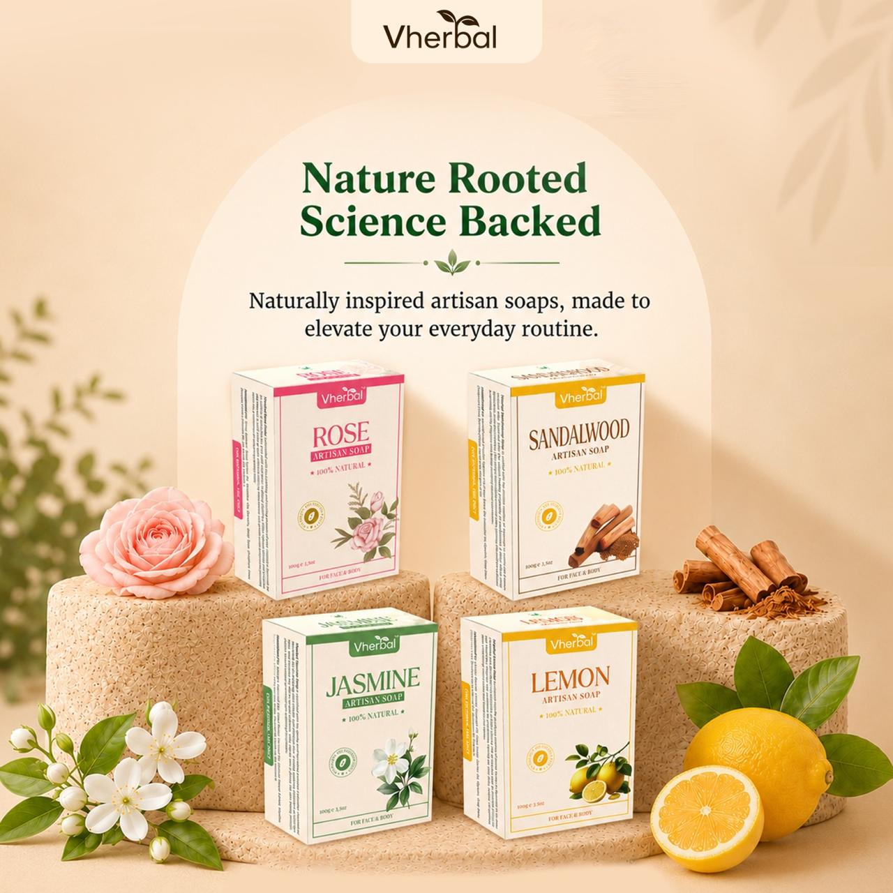 Vherbal Artisan Soap – Sandalwood | Handmade Herbal Bath Soap with Shea Butter & Vitamin E | 100 g