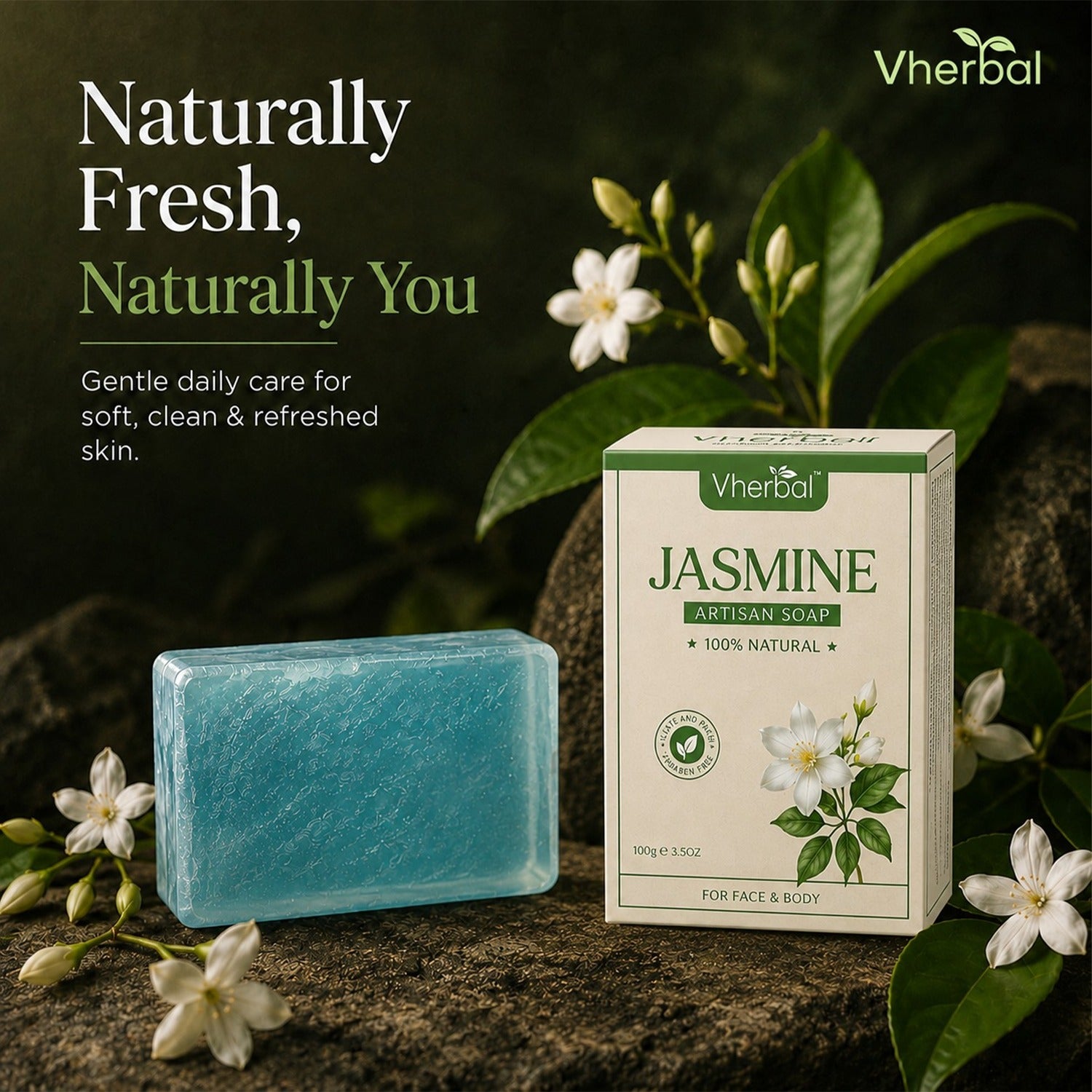 Vherbal Artisan Soap – Jasmine | Handmade Herbal Bath Soap with Shea Butter & Vitamin E | 100 g