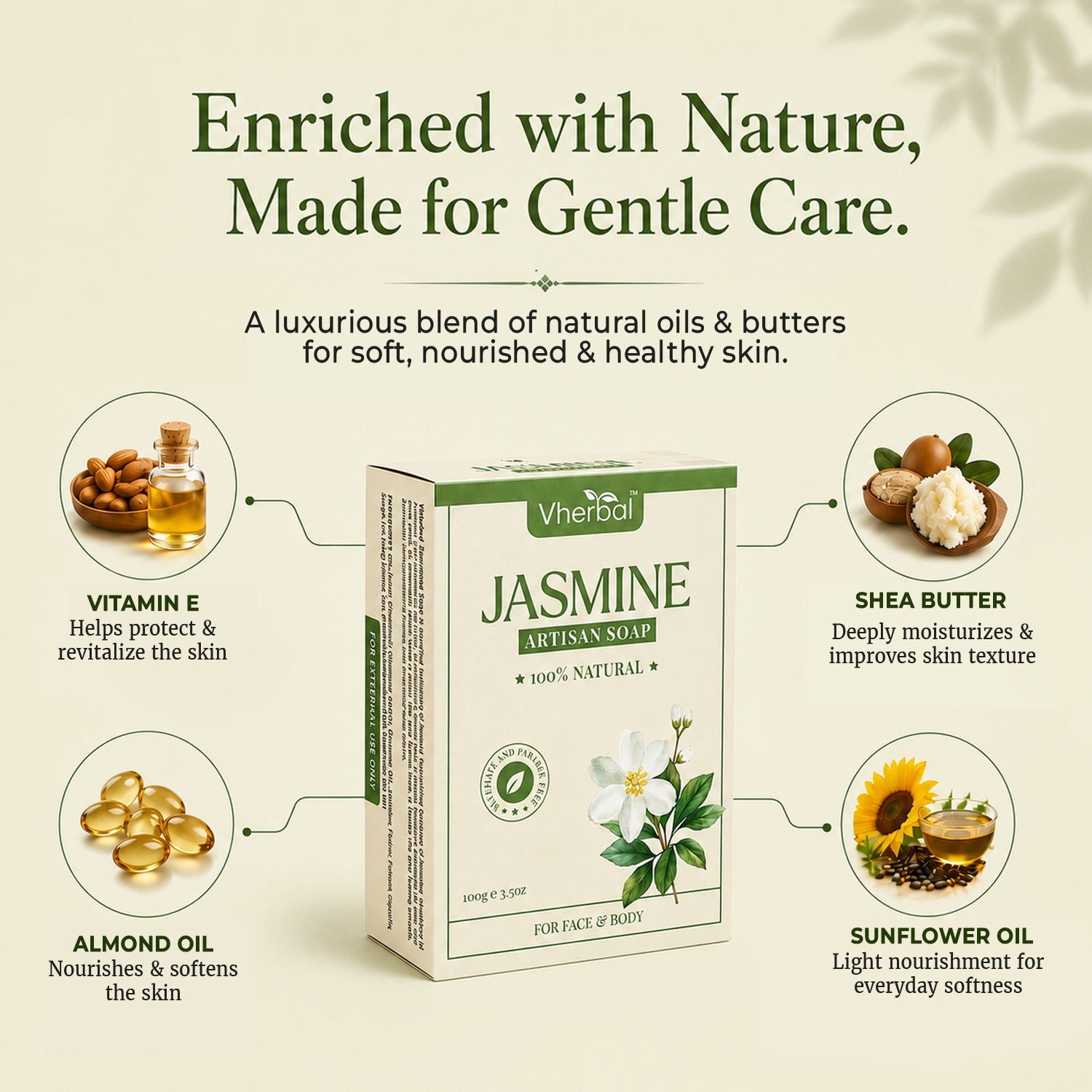 Vherbal Artisan Soap – Jasmine | Handmade Herbal Bath Soap with Shea Butter & Vitamin E | 100 g