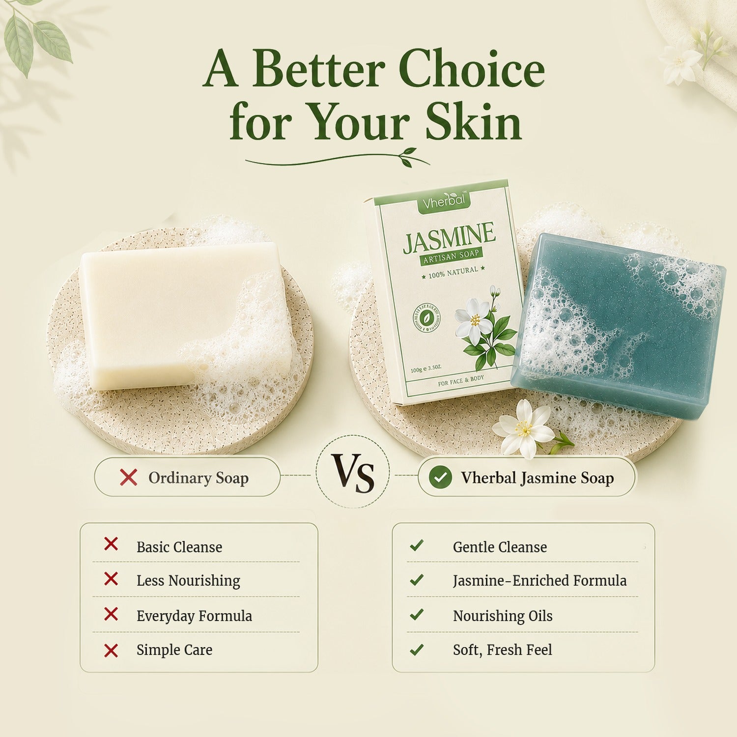 Vherbal Artisan Soap – Jasmine | Handmade Herbal Bath Soap with Shea Butter & Vitamin E | 100 g