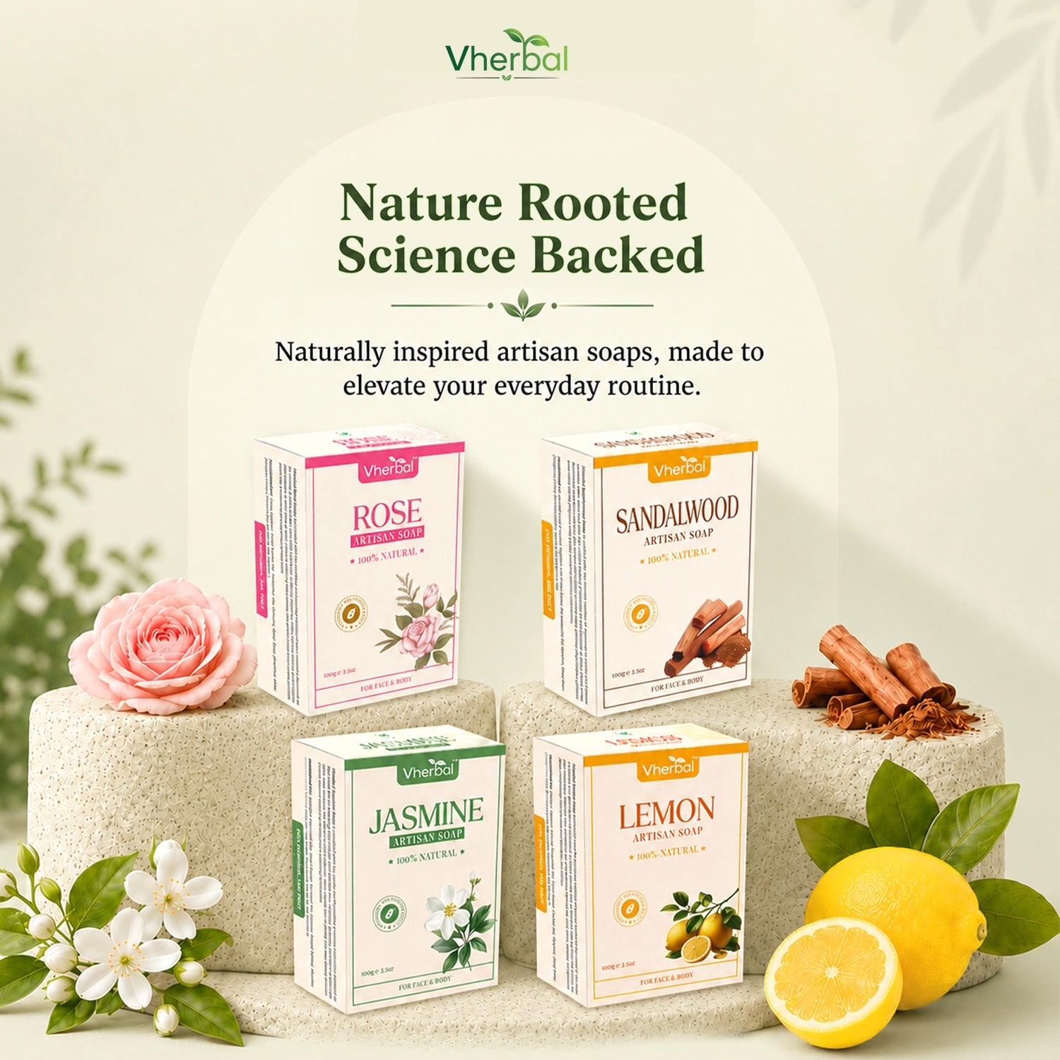 Vherbal Artisan Soap – Jasmine | Handmade Herbal Bath Soap with Shea Butter & Vitamin E | 100 g