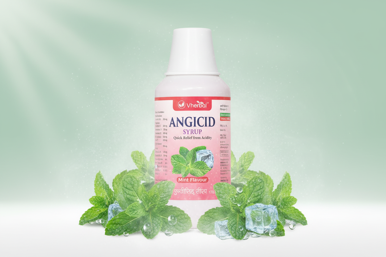 Angicid syrup bottle with Vherbal branding on a white background