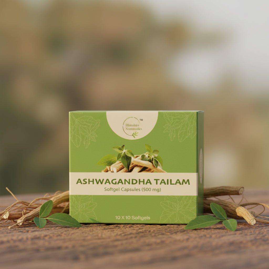 A box of Himalaya Nutravedics Ashwagandha Tailam soft gel capsules with a green and white design, displaying the product name and quantity.