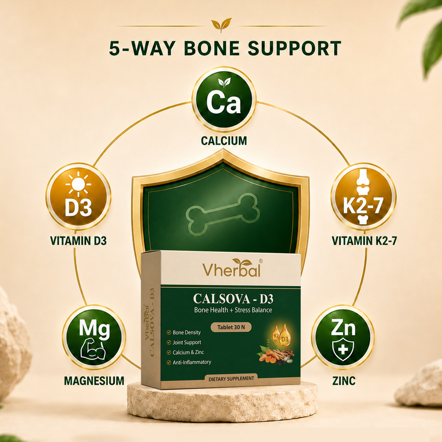 Vherbal Calsova-D3 supplement packaging with 5-way bone support elements on a beige background.