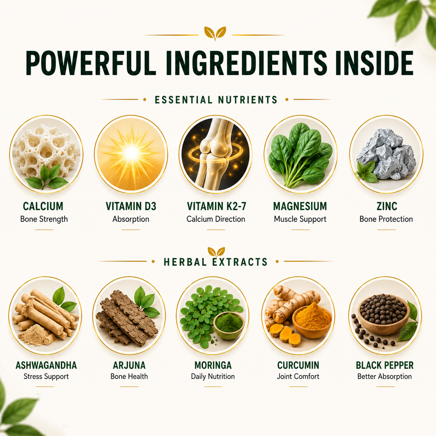 Illustration of essential nutrients and herbal extracts with their respective benefits on a white background.