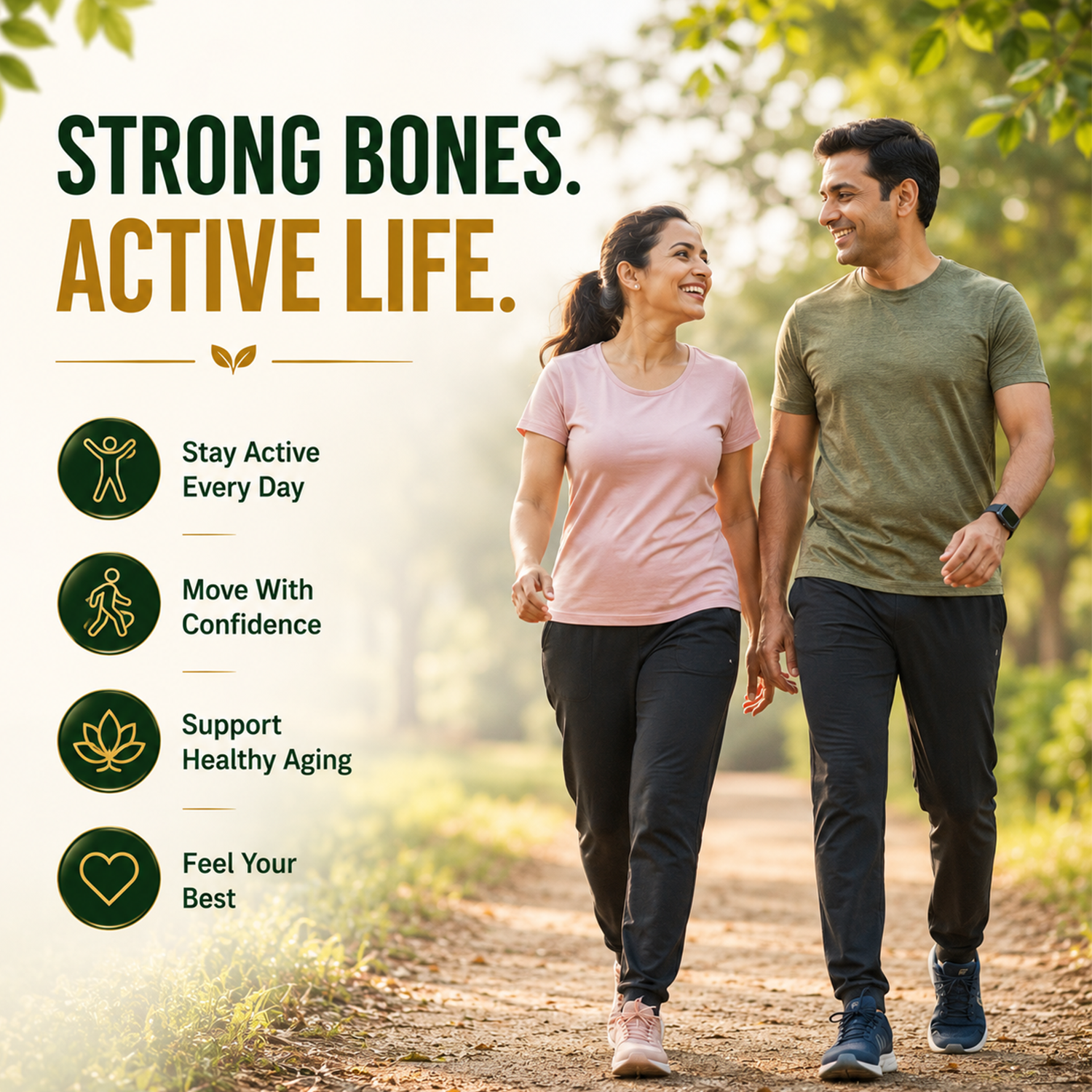 Man and woman walking together with health benefits text overlay vherbal