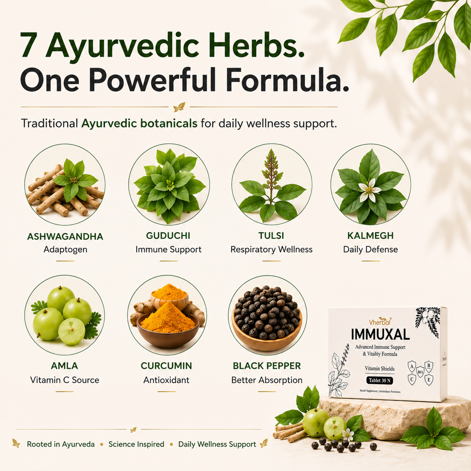 Vherbal Immuxal supplement packaging with greenery and branding elements.