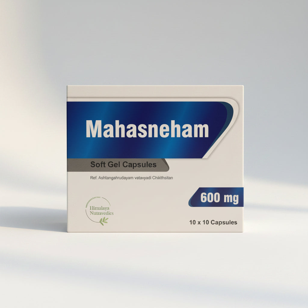 A box of Himalaya Nutravedics Mahasneha Grutham Soft Gel Capsules with 600mg dosage, containing 100 capsules.