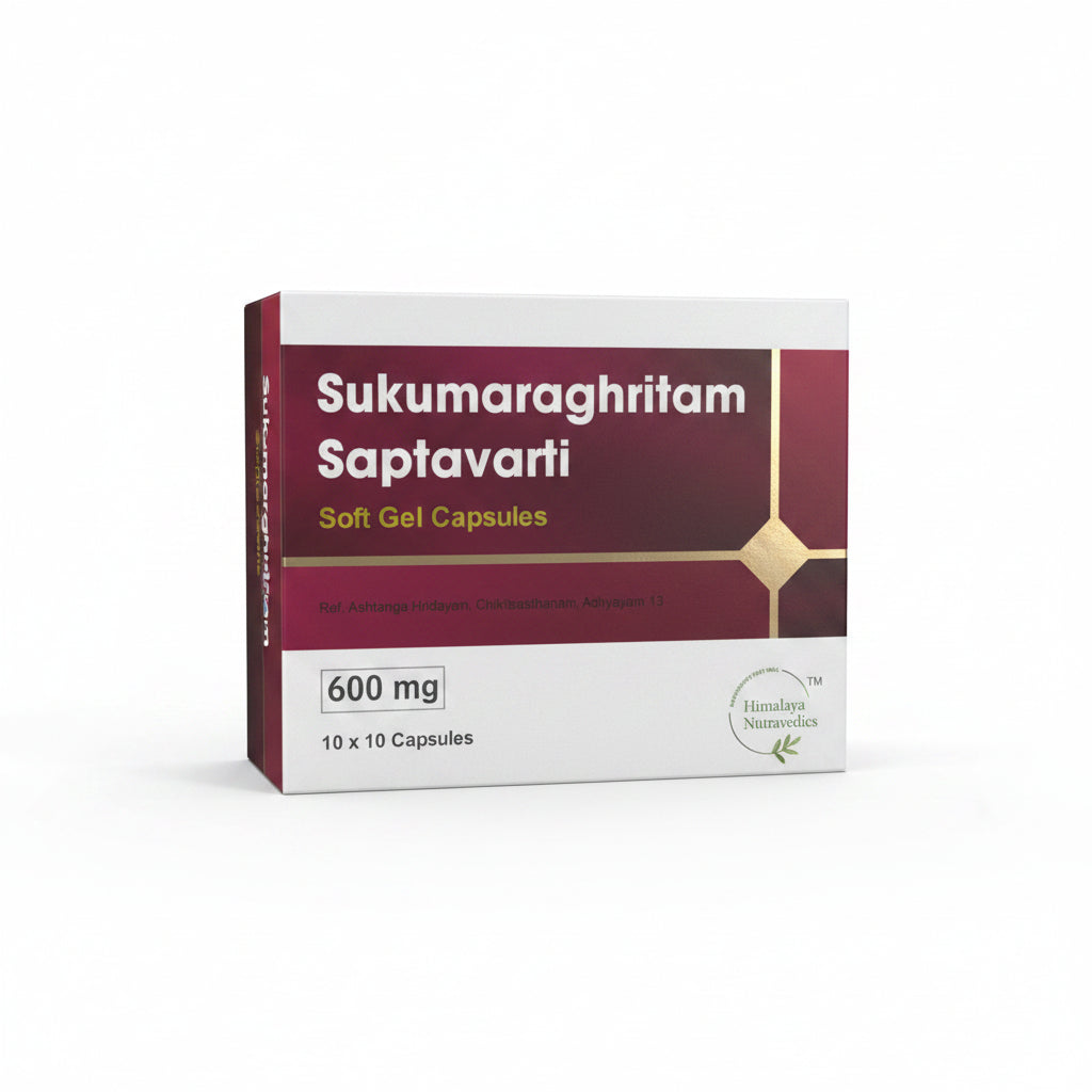 A box of Himalaya Nutravedics Sukumara Ghritam saptavarti Soft Gel Capsules with 600mg per 100 capsules, primarily purple and white in color.