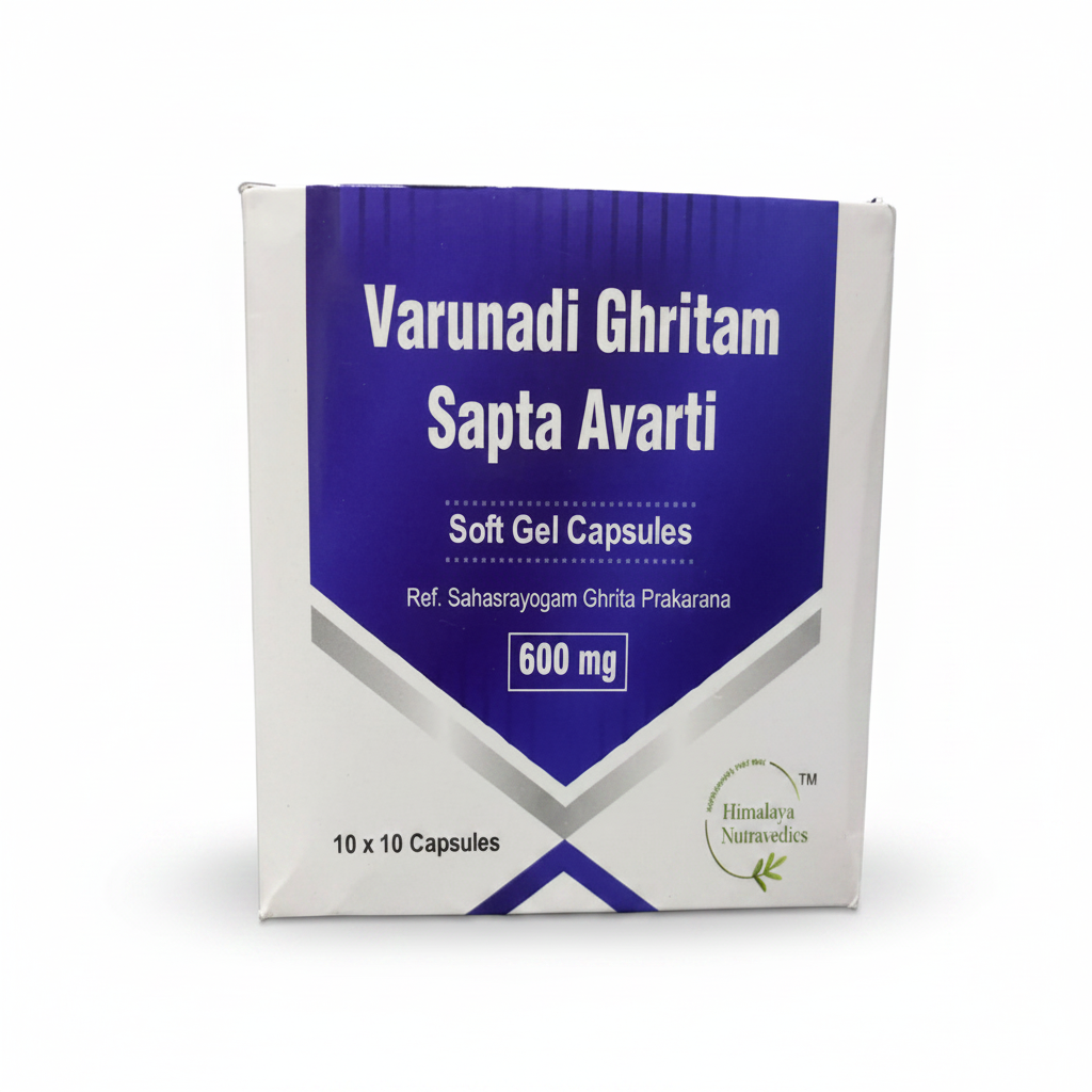A box of Varunadi Ghritam Sapta Avarti soft gel capsules by Himalaya Nutravedics. The box is blue and white with product information and branding.